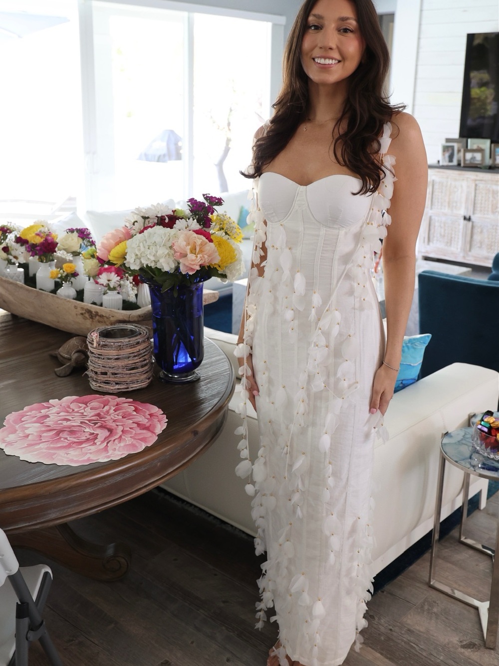 White Maxi Dress with 3D Floral Appliqués - Picture 2 of 3